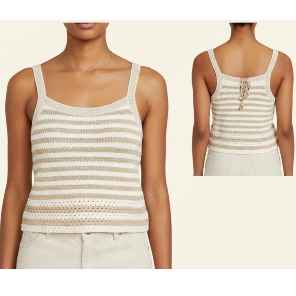 House of Harlow Crochet Cropped Tank Top Womens M Tan Beige Striped Boho Beachy